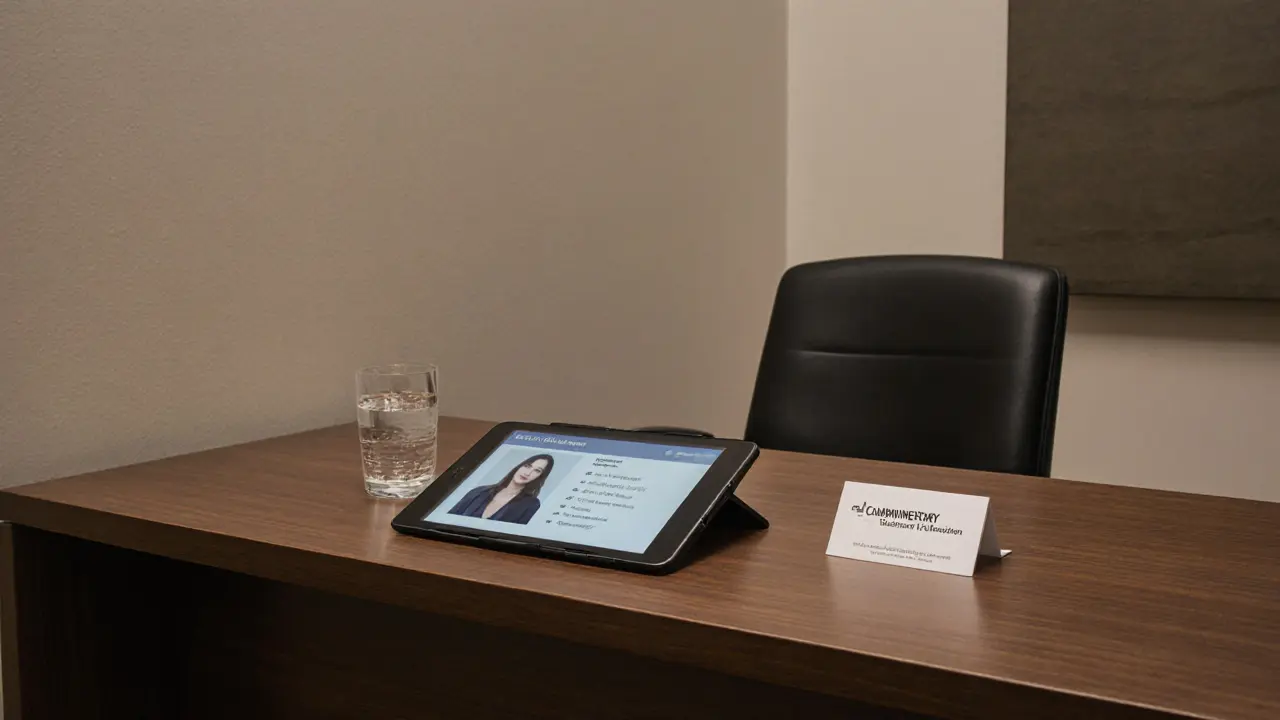 A discreet Dubai companionship agency office with minimalist decor and professional ambiance.