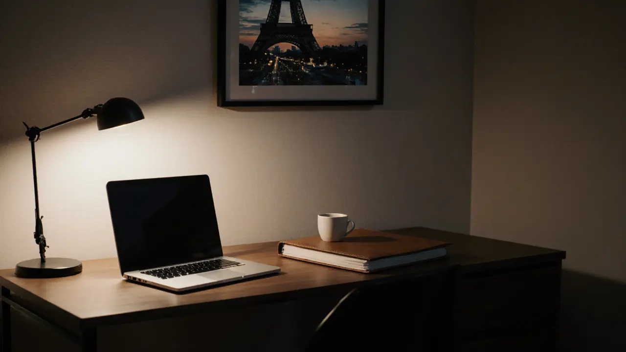 A discreet luxury escort agency office in Paris, minimalist and private, with no faces visible.