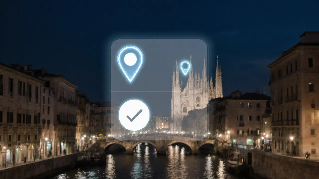 A discreet safety app interface projected over Milan&#039;s night skyline, showing location pins and a check-in notification.
