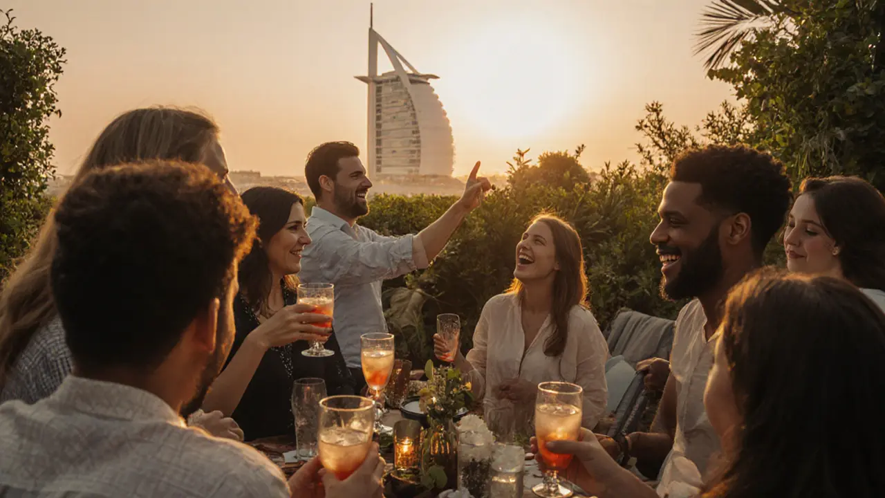 A diverse group of people socializing in a Dubai garden lounge at sunset.