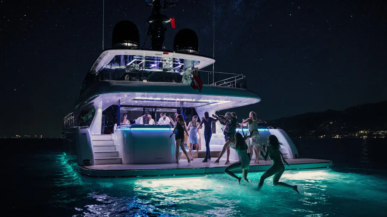 A floating superyacht at midnight, guests dancing under LED lights as some leap into the dark sea.
