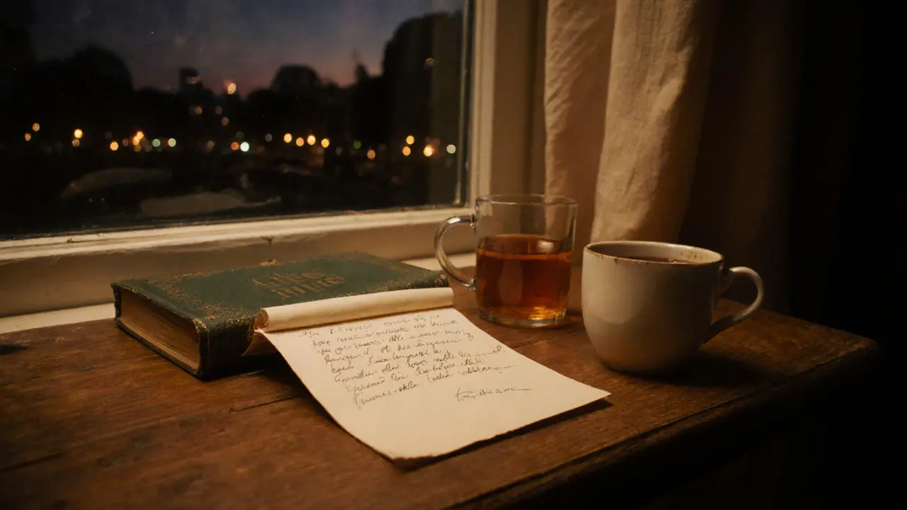 A handwritten note and a book of poetry beside a cup of tea, glowing window in the background.