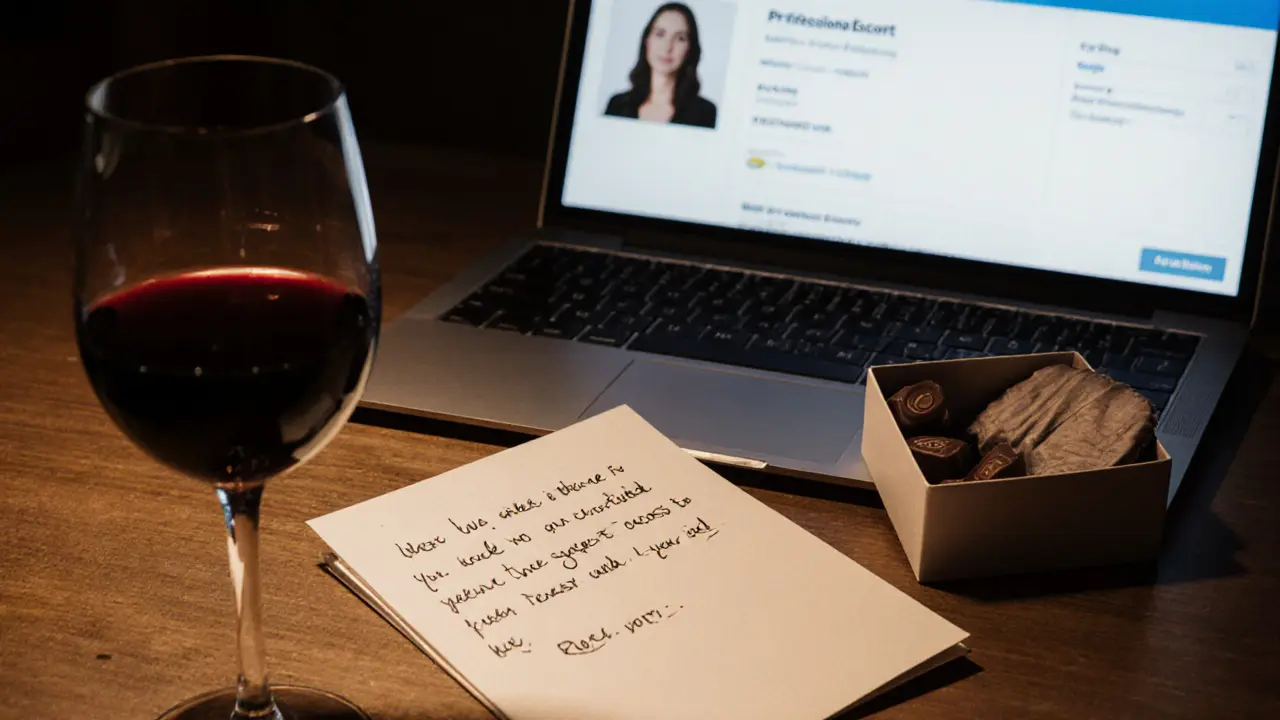 A handwritten note, wine glass, and chocolates on a table with a professional escort profile on a laptop.