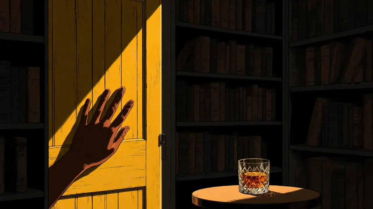 A hidden cocktail bar behind a bookshelf, with a hand knocking on the door and warm light spilling out.