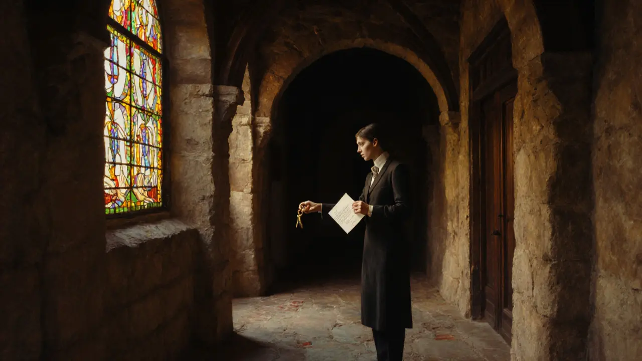 A historic convent hotel in Brera where an attendant hands a key to a guest in a quiet stone hallway.