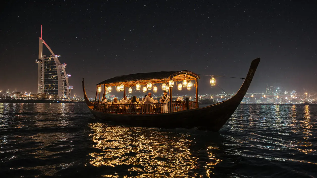 A lantern-lit dhow boat sailing peacefully on dark water under a starry Abu Dhabi sky.