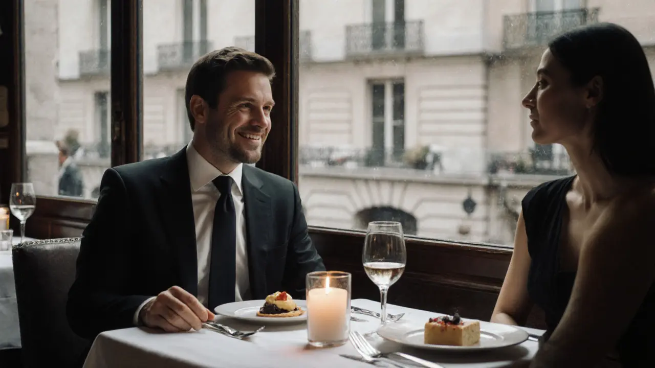 A man and woman enjoy a quiet dinner at a Parisian bistro, candlelight reflecting off wine glasses as the Seine glows outside the window.