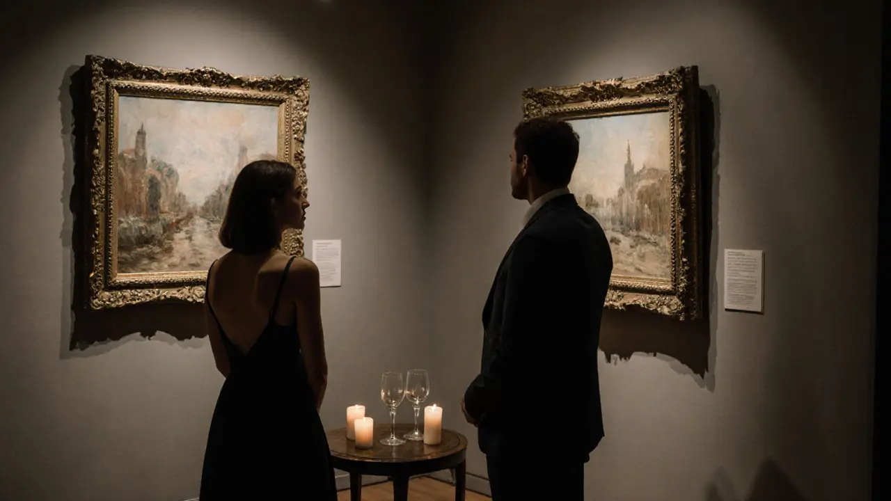 A man and woman stand together in a private art gallery after hours, gazing at a painting in soft candlelight.