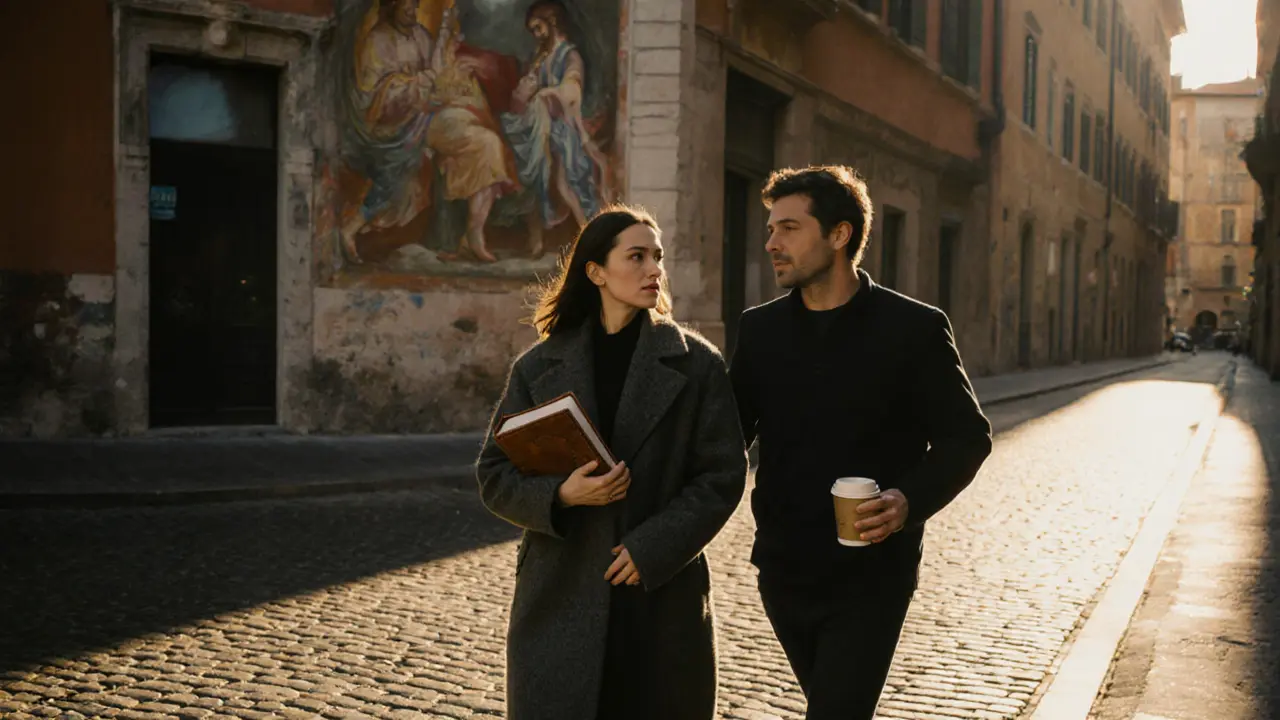 A man and woman walking through Brera’s art-lined streets at sunset, sharing a quiet moment amid historic architecture.