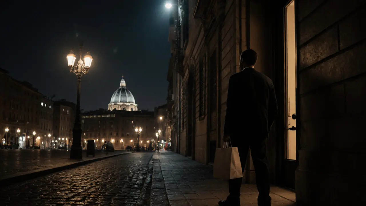 A man leaving a Milan apartment at night, holding a small gift, as the door closes behind him.