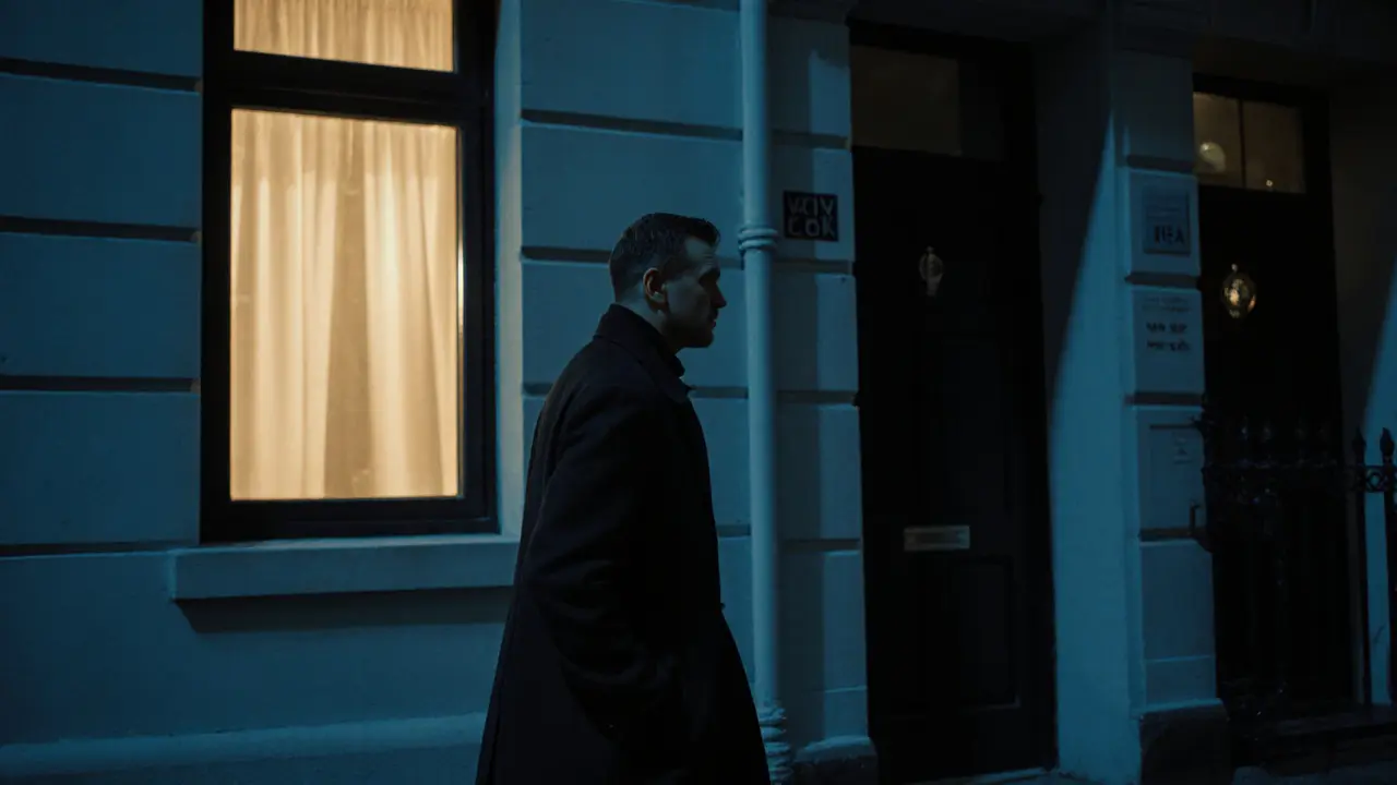 A man walking away from a softly lit London apartment at night, glancing back with quiet emotion.