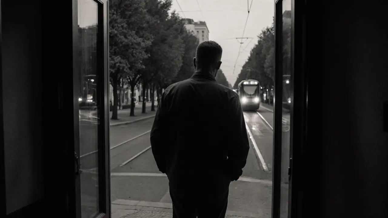 A man walks away from an apartment at dusk, leaving with quiet respect and dignity.