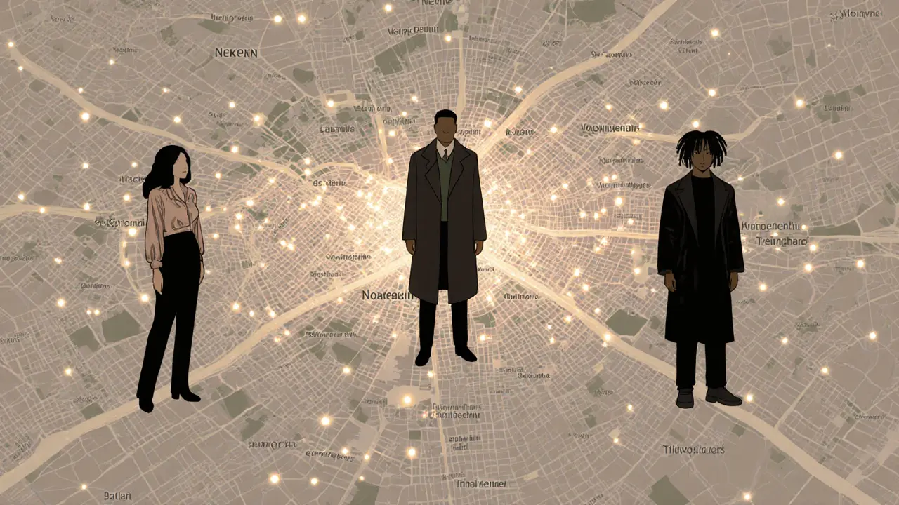 A map of Berlin shows glowing dots in diverse neighborhoods, linked to silhouettes of international individuals.