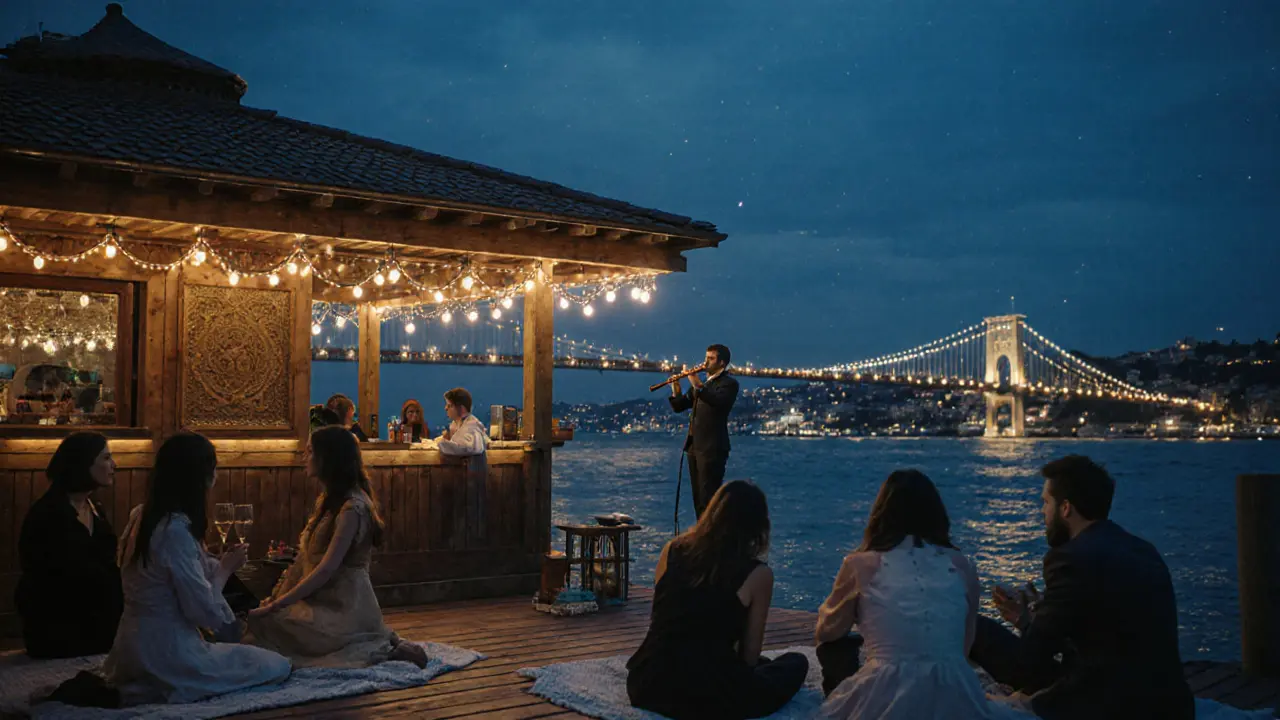 A peaceful Bosphorus rooftop bar at night with guests listening to flute music under starlit skies.