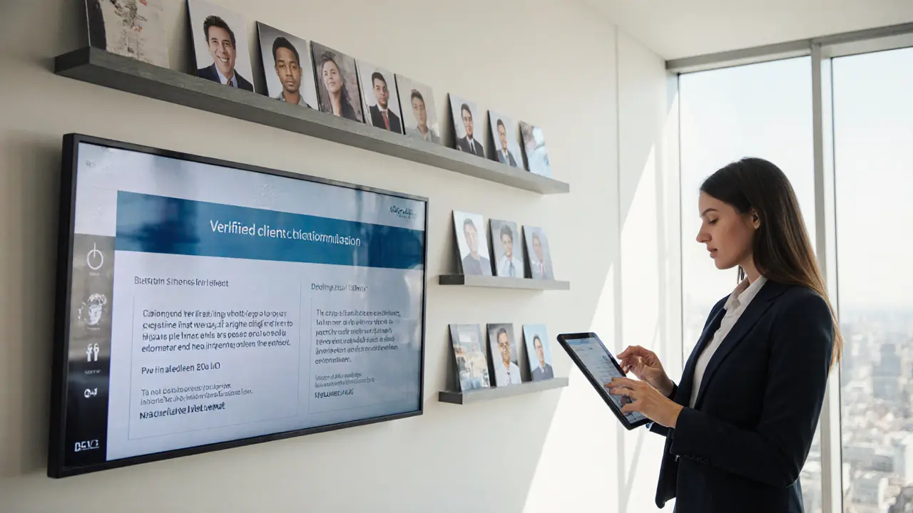 A professional agency office displaying verified client reviews and digital contracts in a modern Dubai setting.