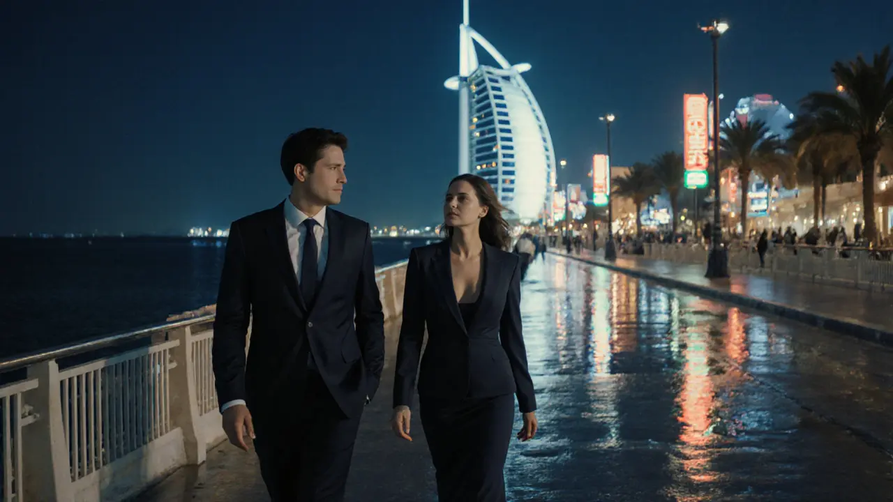 A professional companion walks beside a businessman along the Burj Al Arab promenade at night.