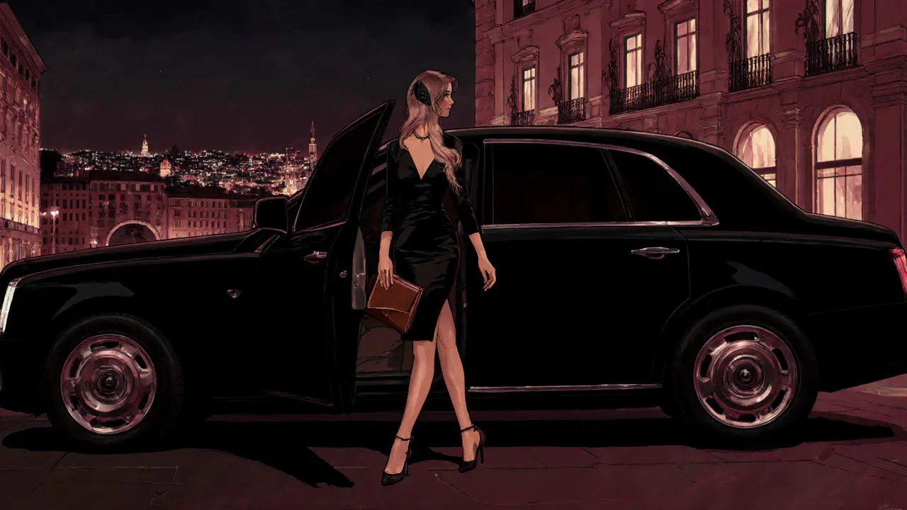 A professional woman exiting a taxi in front of a luxury Milan hotel at night, dressed in sophistication, city lights behind her.