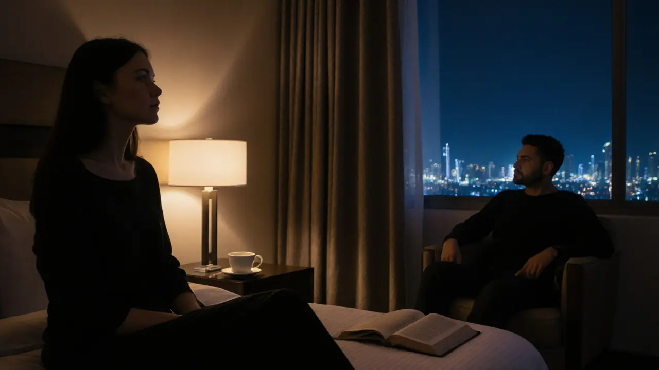 A quiet hotel room at night, a woman sits on the bed, a man sits in silence nearby, no words needed.