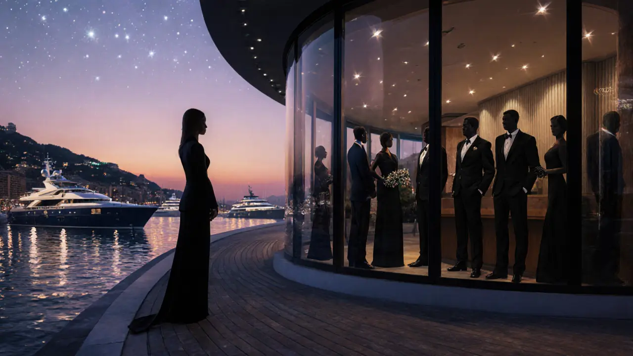 A quiet observer watching silhouettes of the elite through glass walls of a rooftop bar, yachts reflected in the harbor at dusk.