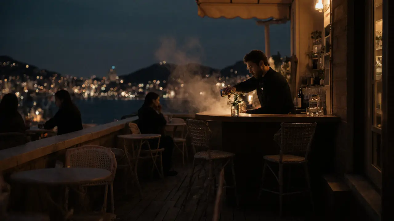 A quiet rooftop bar above a pharmacy, dim lighting, bartender pouring a herbal gin cocktail, one guest in quiet conversation, city lights softly blurred in background.