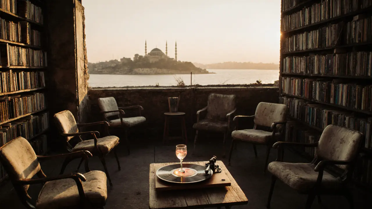 A quiet rooftop lounge above a bookshop, overlooking Istanbul&#039;s Golden Horn at sunset.