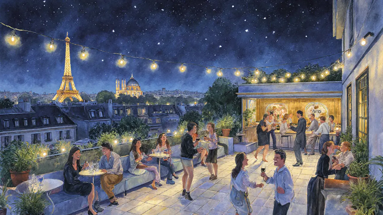 A rooftop terrace in Paris at night with string lights, locals enjoying wine, and distant views of the Eiffel Tower and Sacré-Cœur.