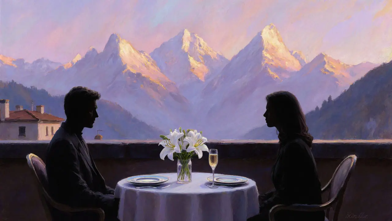 A rooftop terrace overlooking the Alps at sunset, table set for two in serene silence.