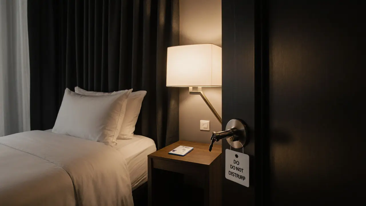 A serene hotel room with blackout curtains and a &#039;Do Not Disturb&#039; sign, minimalistic and peaceful.