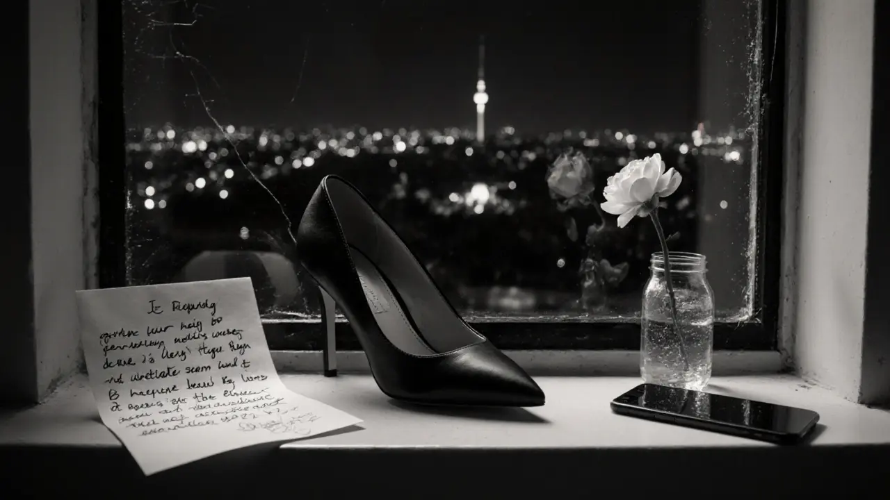 A single high-heeled shoe rests on a windowsill with a blurred note and a blooming flower, symbolizing quiet resilience.