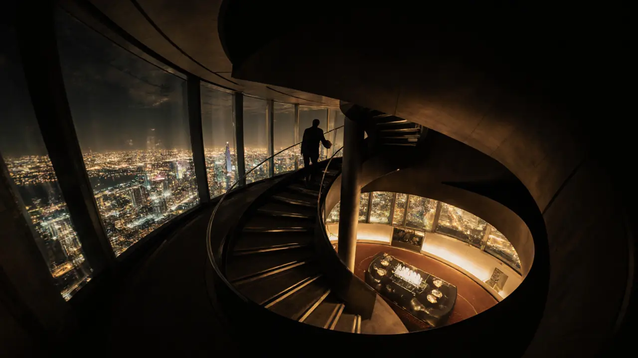 A solitary figure stepping into a glowing circular observatory bar with panoramic city views below.