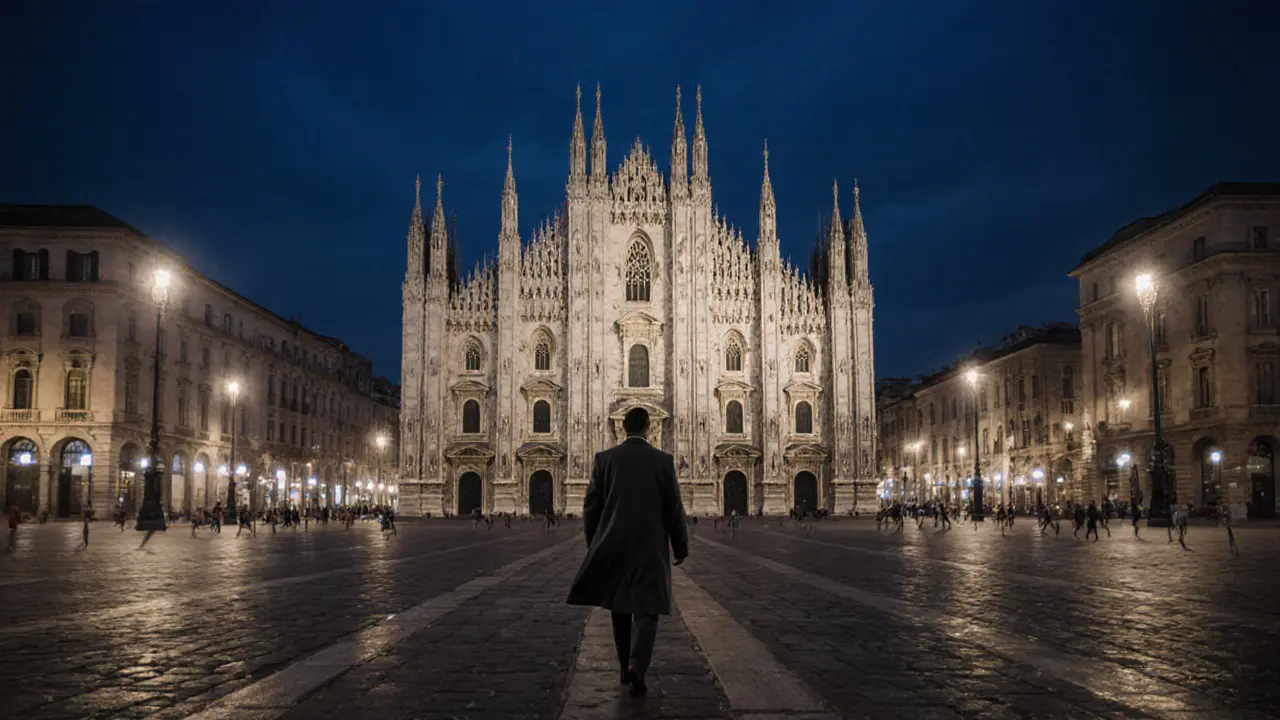 A solitary figure walking through the empty Duomo piazza at midnight under soft streetlights.