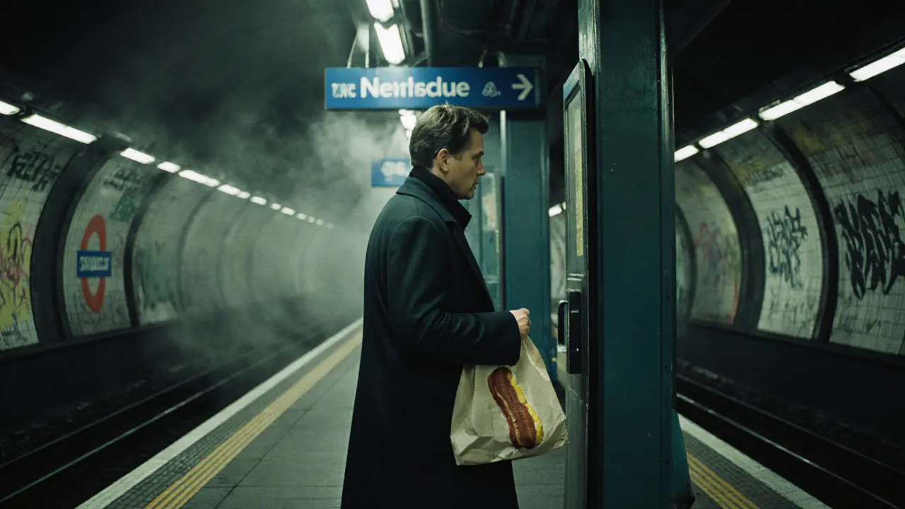 A solitary passenger boarding the Night Tube at 2 a.m., holding a late-night snack under dim blue lights.
