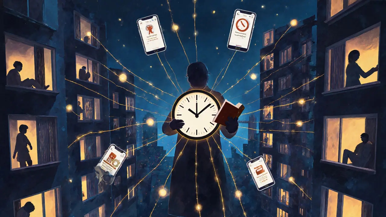 A symbolic London cityscape with isolated figures linked by golden threads to a central figure holding a book and clock.