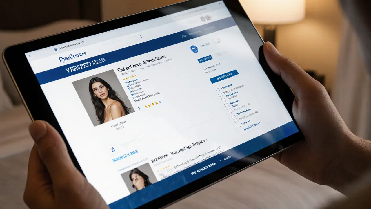 A traveler reviewing a verified escort profile on a tablet with clear pricing and client reviews.