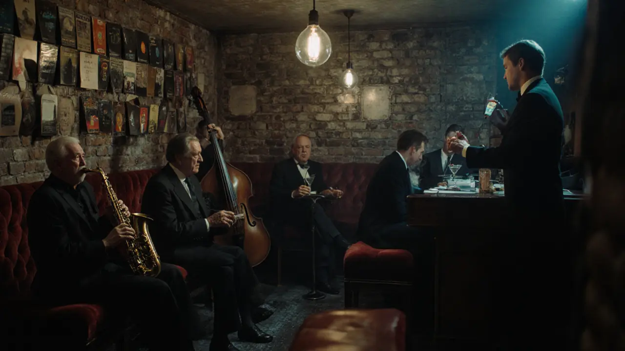 A vintage jazz basement beneath the casino, live musicians playing under a single bulb, patrons lost in music.