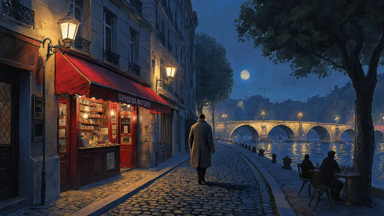 A walker turning down a quiet Paris alley at night, glowing Bar à Vin ahead.