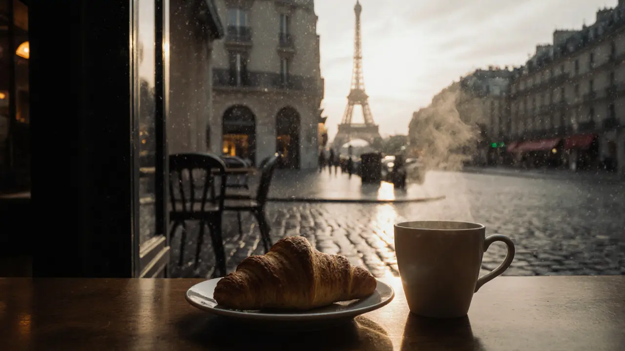 A warm croissant and coffee at dawn in a Parisian bakery, quiet and peaceful.