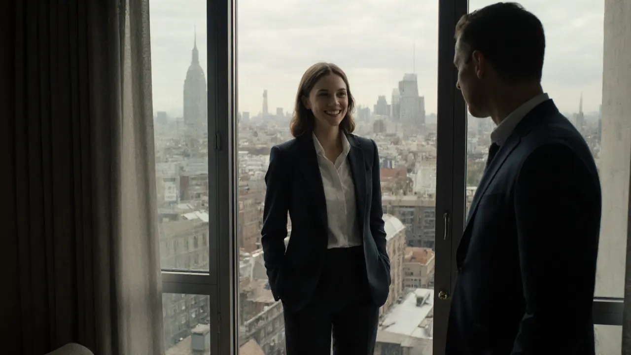 A woman in smart casual clothes greets a nervous man at the doorway of a modern London apartment.