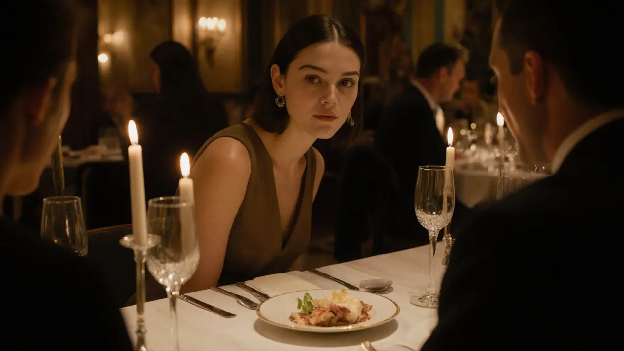 A woman listens attentively to a client in a candlelit Parisian restaurant, exuding calm elegance.