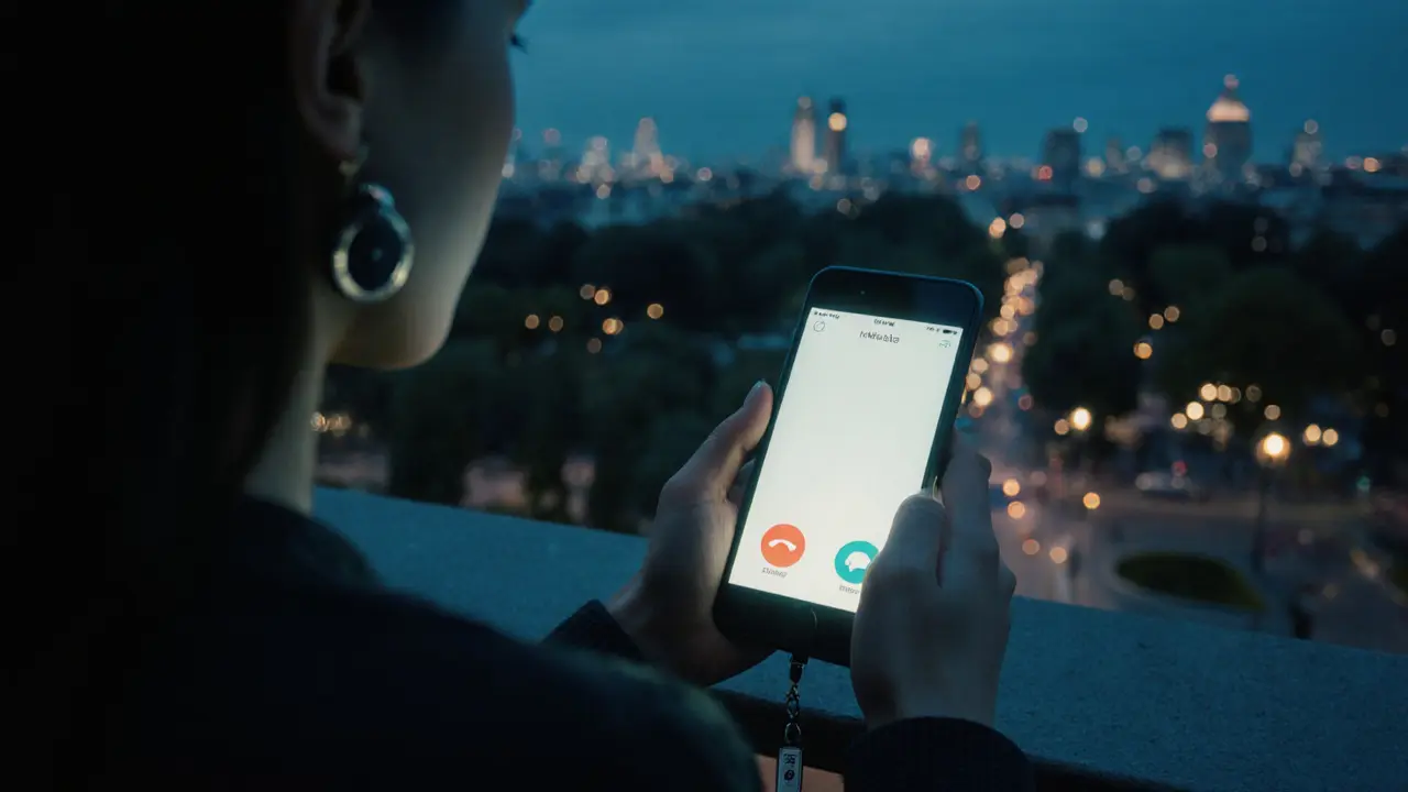 A woman stands on a Berlin balcony at night, softly lit by a video call screen, keys with a safety device visible.