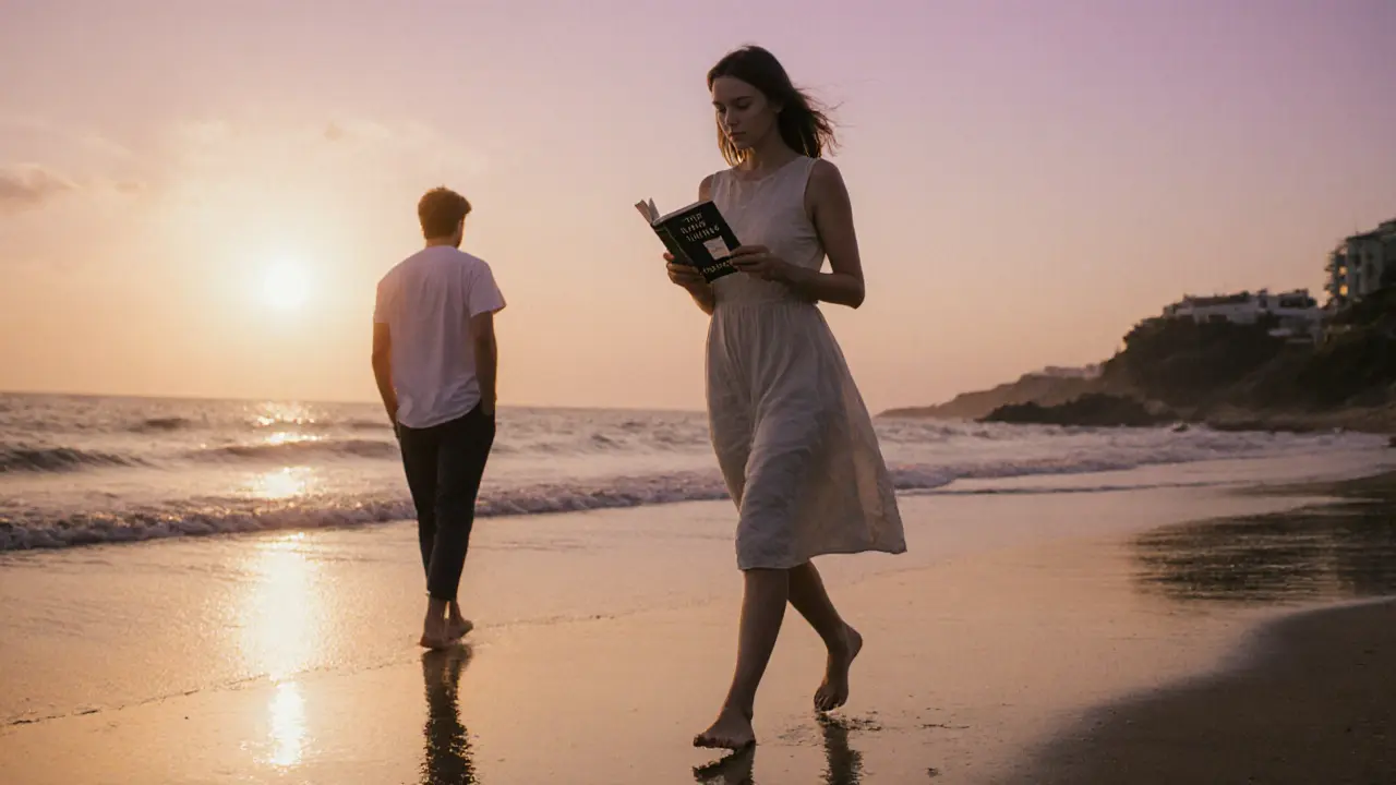 A woman walks along a beach at sunset, holding a book, with a man walking softly behind her.