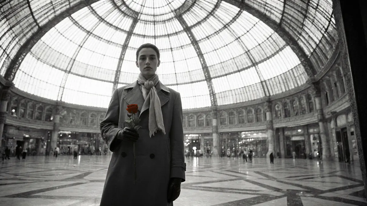 An elegantly dressed figure standing outside Galleria Vittorio Emanuele II, holding a rose, face unseen, bathed in evening light.