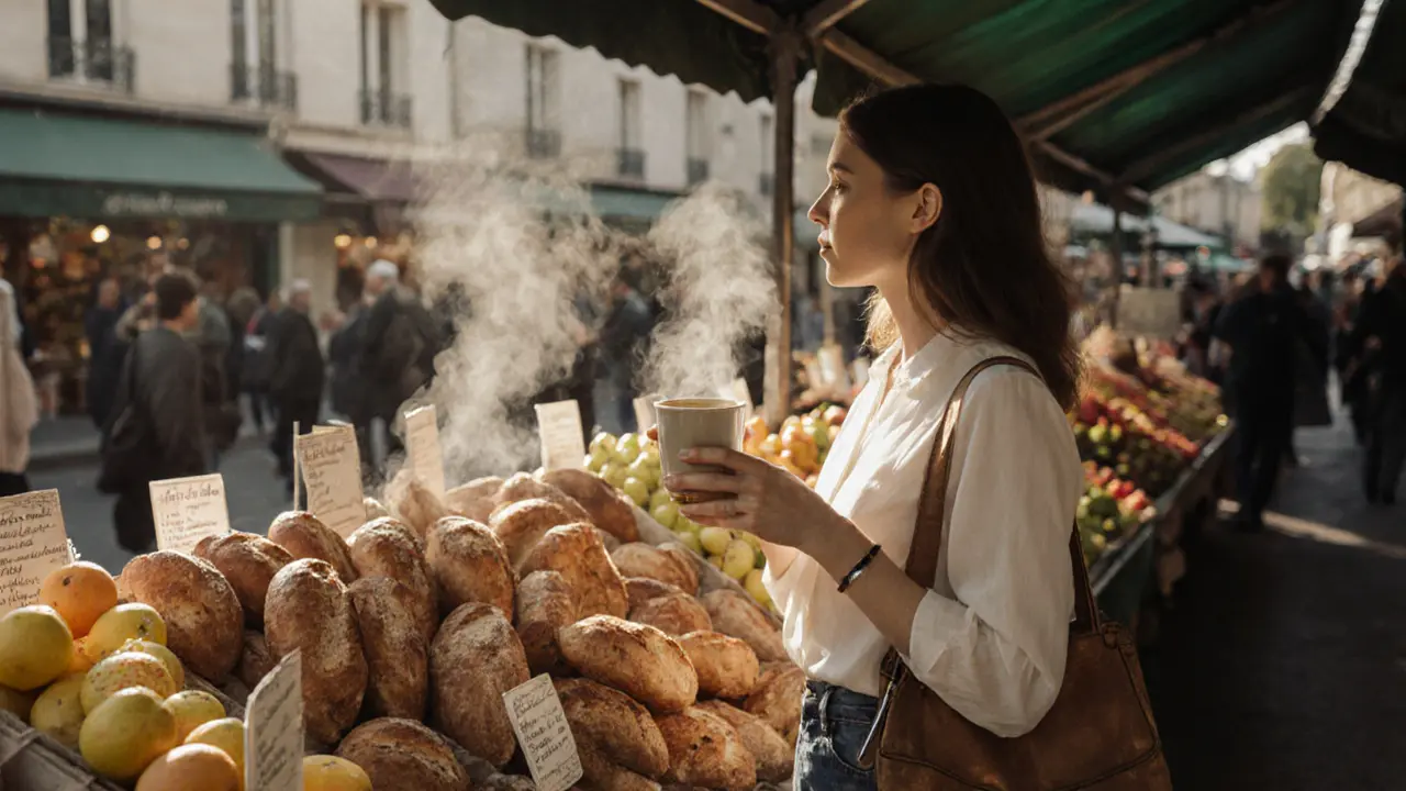 An escort browses a Parisian market at sunrise, holding a cup of espresso amid fresh produce and warm morning light.