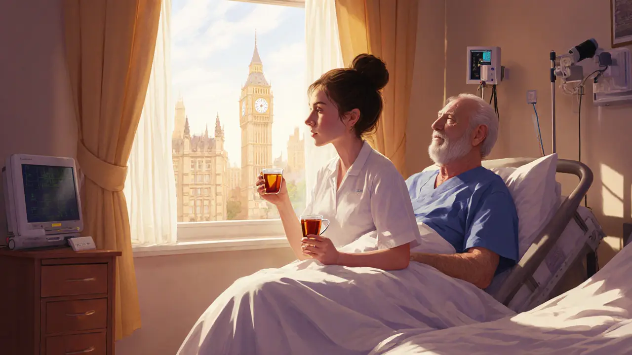 An escort sits quietly beside a patient in a home setting, offering calm companionship during recovery.