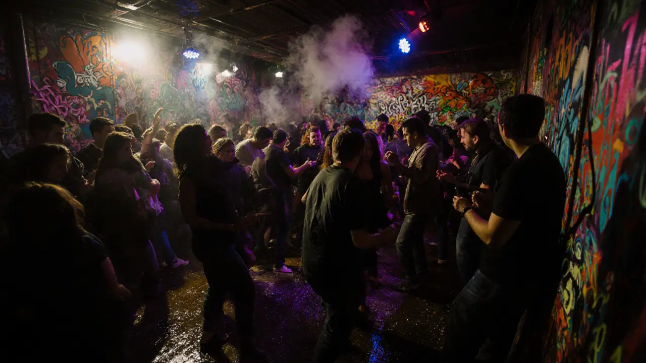 An underground Istanbul club with graffiti-covered walls and a crowd dancing to fusion music under strobe lights.