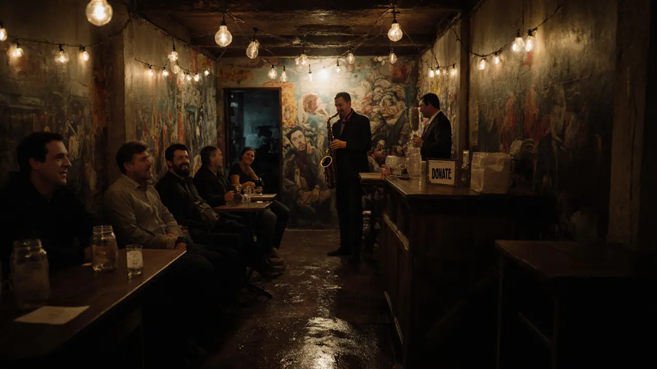 An underground jazz club beneath a bakery, with murals and locals enjoying drinks in dim light.