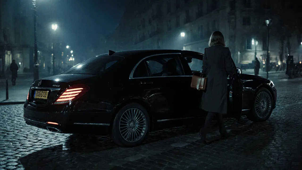 An unmarked black sedan parked on a quiet Paris street at night, a woman stepping out in elegant coat.