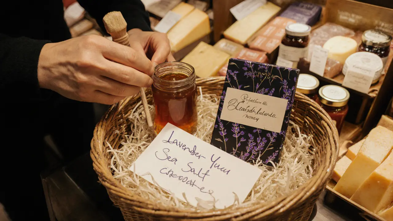Artisan French chocolates and lavender honey in a woven basket at La Grande Épicerie, warm lighting on delicacies.