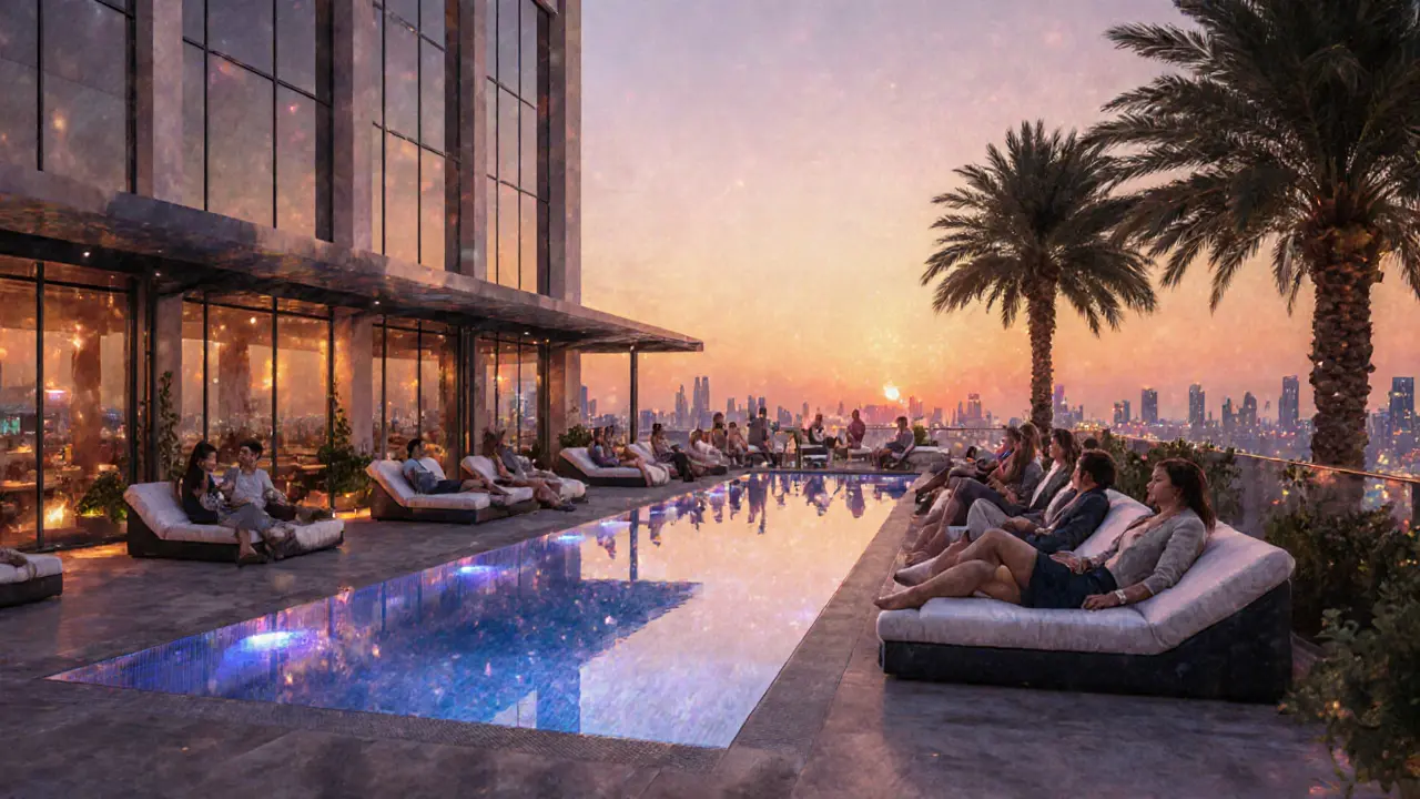 Cielo rooftop lounge at sunset with glass pool reflecting twilight skies and city lights.