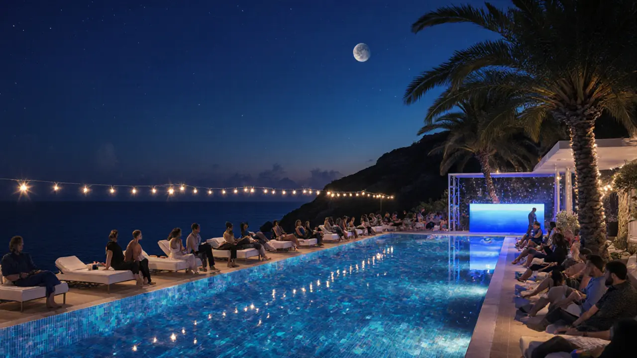 Cliffside beach club at night with string lights, starlit sea, and elegantly dressed guests lounging by a pool.